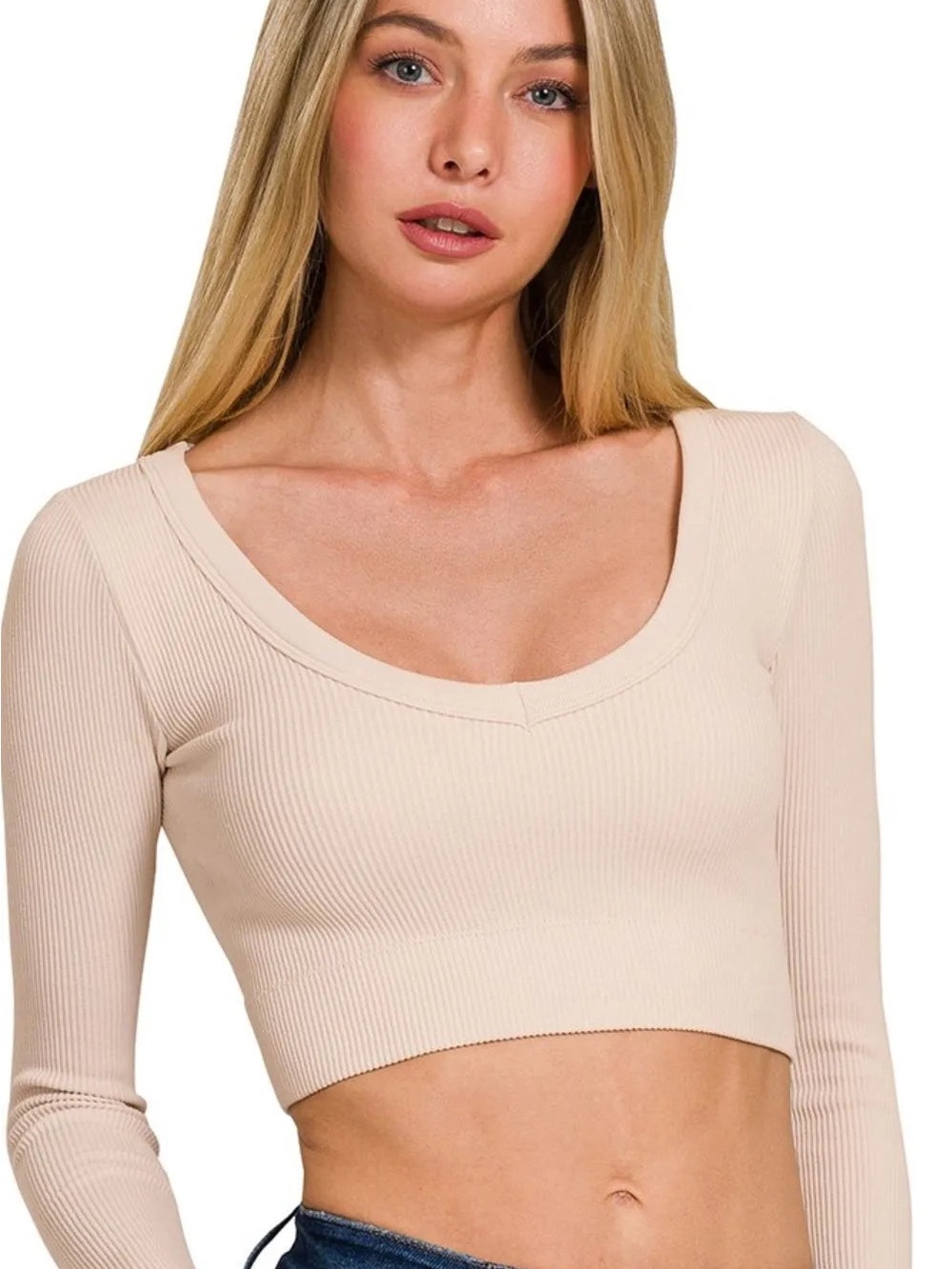 Ribbed Scoop Neck Long-Sleeve‎ Crop Top - Cream